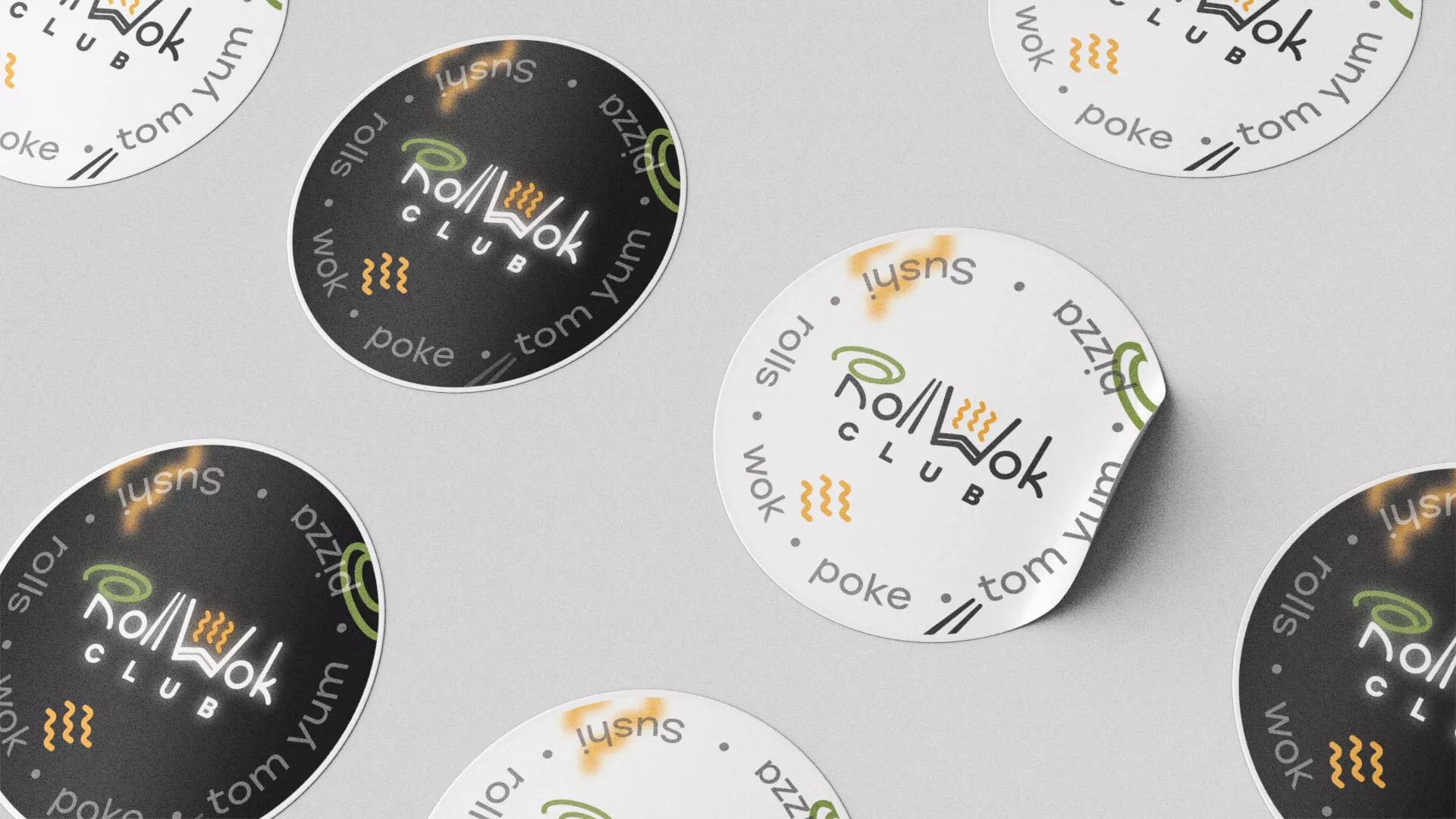 Разработка дизайна наклеек для суши-бара «Roll Wok Club» в Белово